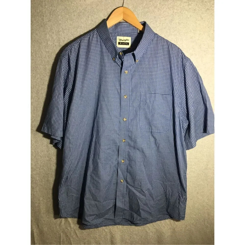 Mens Wrangler Riata Button Up Short Dark Blue Plaid Casual Formal Summer Country